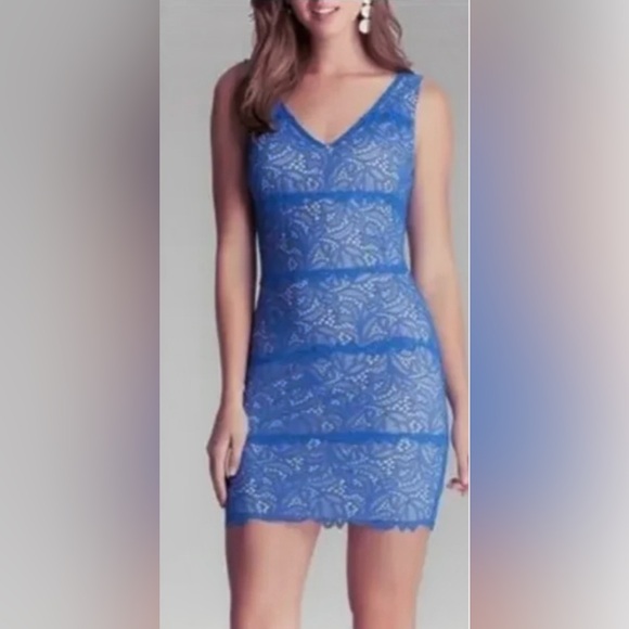 Bebe Betsey Stretchy Blue Lace Overlay Bodycon Mini Dress - Picture 3 of 10